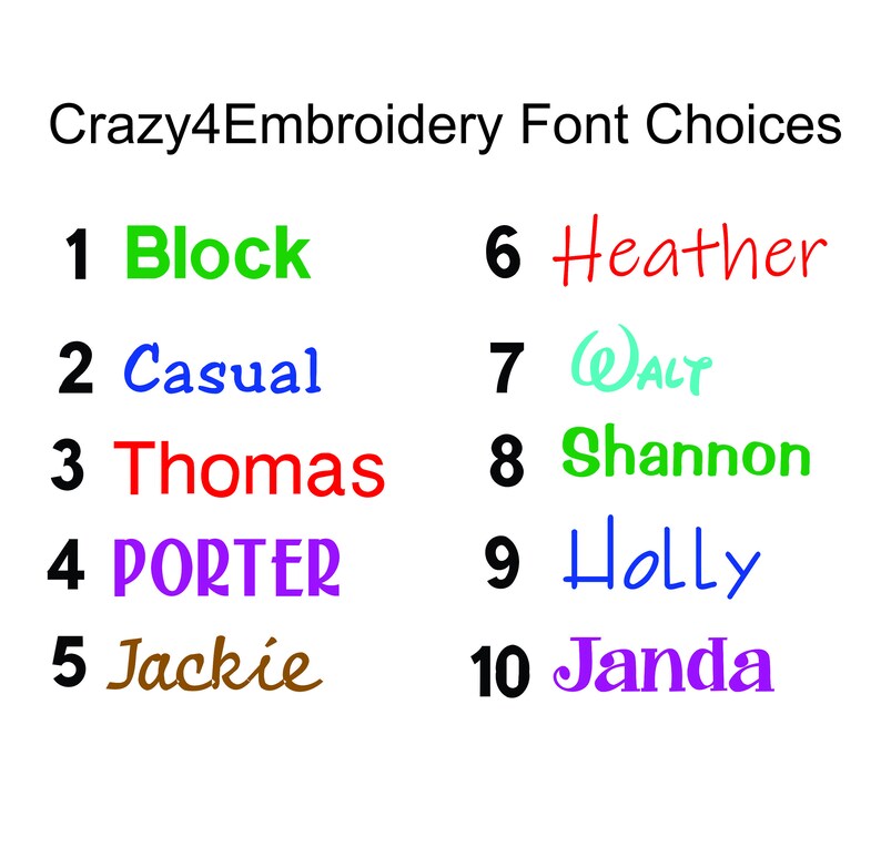 Puede incluir: Una lista de opciones de fuentes de bordado con los n&uacute;meros del 1 al 10 y los nombres de fuente correspondientes: Block, Casual, Thomas, PORTER, Jackie, Heather, WALT, Shannon, Holly y Janda.