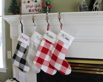 Buffalo Plaid Stockings, Black and red and White Check Stockings, Gingham Stocking, Checkered Pattern