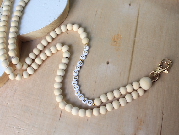 Neutral Wood Bead Lanyard for Teacher, Bead Lanyard ,teacher Id