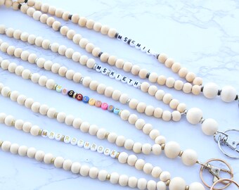 Lanyard, Personalized wood Lanyard, Neutral wooden bead Teacher Id Holder, Custom teacher lanyard personalized, Healthcare lanyard