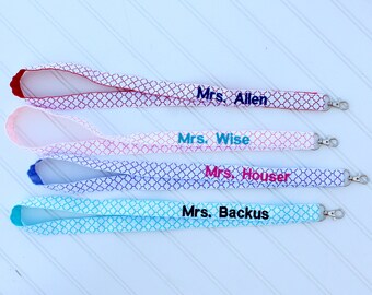 Personalized Teacher Lanyard, Embroidered Name, Velvet Ribbon