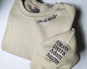 Mama Crewneck sweatshirt with kids name on sleeve, Sweatshirt custom embroidery, Mama crewneck, Gift For mom,