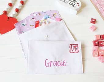 Snail Mail Valentines Custom Name, Unicorn Valentine for girls, Teacher valentines envelope, fabric Play envelope, valentine fabric envelope