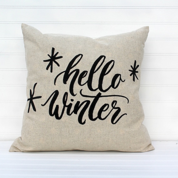 Hello Winter Pillow Cover, Suede Applique, Modern Throw Pillow