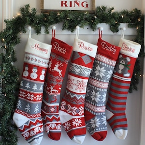Custom Family Knitted Stocking,  Fair Isle Knit Striped Red and Gray Embroidered Stocking, Snowman, Reindeer, Snowflakes Ex Large Christmas
