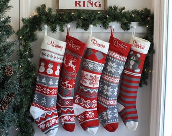 Custom Family Knitted Stocking,  Fair Isle Knit Striped Red and Gray Embroidered Stocking, Snowman, Reindeer, Snowflakes Ex Large Christmas