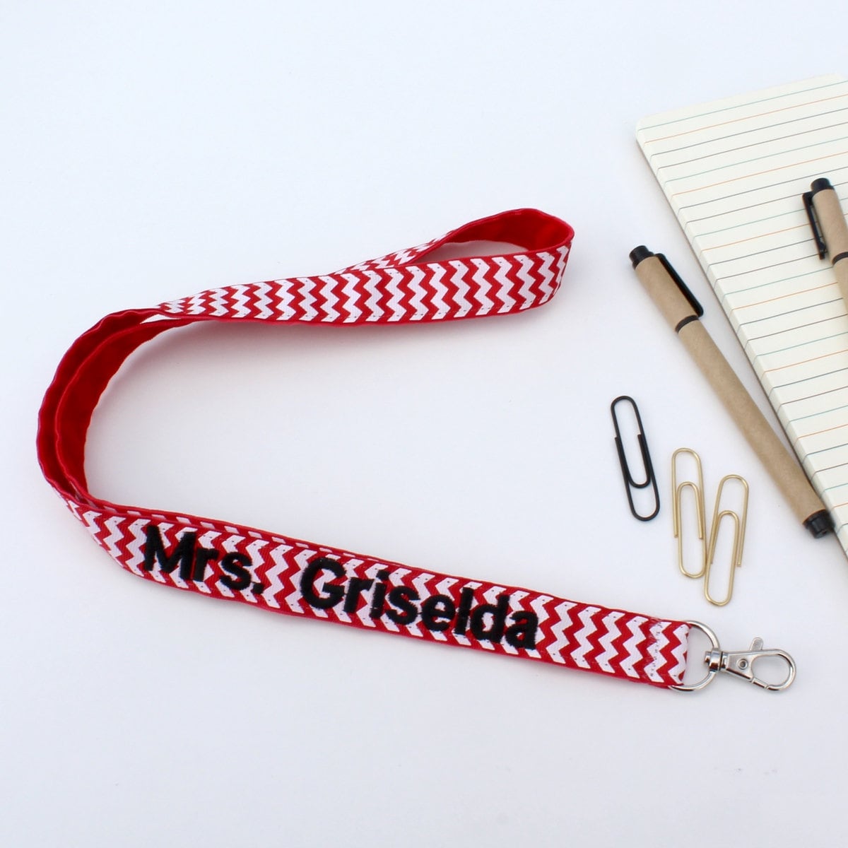 Personalized Chevron Teacher Lanyard, Embroidered Name, Velvet Comfort