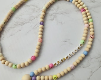 Personalized Lanyard for teacher with smiley beads, Wood bead teacher lanyard Id Holder, Custom teacher lanyard, Healthcare lanyard