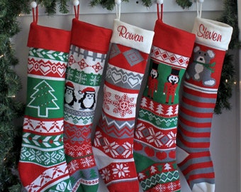 Personalized Knitted Stockings,  Custom Stocking, Christmas Sweater Embroidered Stocking Green White Red Deer Penguin nutcracker Extra Large