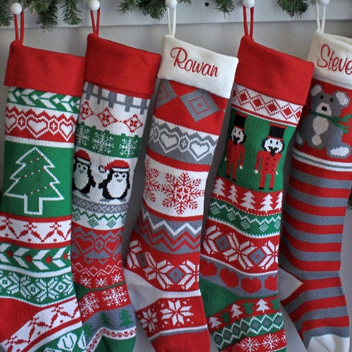 名入れニットストッキング、カスタムストッキング、クリスマスセーター刺繍ストッキング、緑白赤鹿ペンギンくるみ割り人形特大