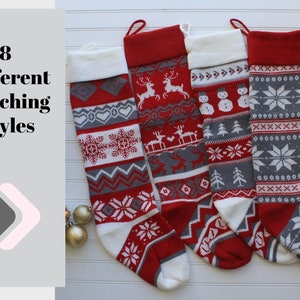 Custom Family Knitted Stocking,  Fair Isle Knit Striped Red and Gray Embroidered Stocking, Snowman, Reindeer, Snowflakes Ex Large Christmas