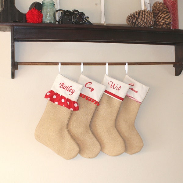 Burlap Stockings with lace trims, Ruffle Stocking, Lace Stocking, country stocking, Farmhouse Christmas