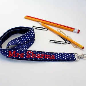 Personalized Lanyard Navy PolkaDot Teacher Lanyard Teacher Appreciation Gift, Teacher gift, work lanyard, neck lanyard