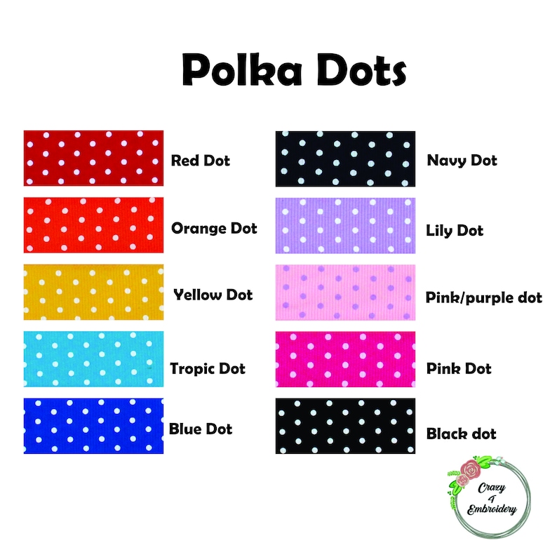 Puede incluir: Una colecci&oacute;n de muestras de cinta de lunares en varios colores, incluyendo rojo, naranja, amarillo, azul, rosa, morado, azul marino, negro y blanco. Las muestras de cinta est&aacute;n etiquetadas con el color de los lunares.