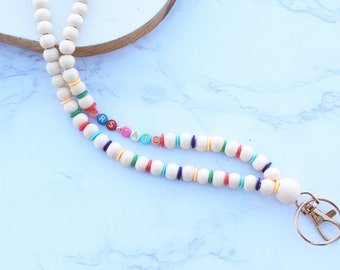 Wood bead teacher lanyard personalized, Rainbow Teacher Id Holder, Neutral Wooden Bead Lanyard customizable , Badge Necklace, beaded