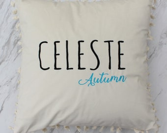 Personalized Dorm Room Pillow with Tassel Pillow Cover in velvet feel polyester, Kids personalized pillows embroidered family pillow