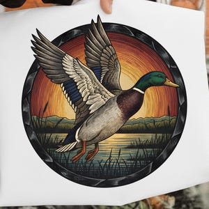Vintage Mallard Duck PNG, Sunset Lake Scene (Digital Download)