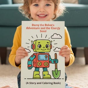 Puede incluir: Un niño sostiene un libro titulado "Ramy the Robot's Adventure and the Energy Seed". La portada del libro presenta una ilustración de robot colorido con una pala. El niño lleva una camiseta amarilla y vaqueros azules.