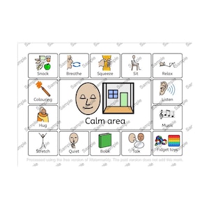 May include: A visual aid featuring 16 illustrated squares, each representing a calming activity. Includes images for 'Snack,' 'Breathe,' 'Squeeze,' 'Sit,' 'Relax,' 'Coloring,' 'Hug,' 'Listen,' 'Music,' 'Stretch,' 'Quiet,' 'Book,' 'Talk,' and 'Fidget toys.' The words 'Calm area' are also present.
