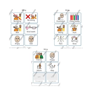 May include: A visual aid for teaching about biting, featuring a grid of colorful squares with images and text. The squares depict various emotions, actions, and consequences related to biting, such as "No biting", "Angry", "Sad", "Pain", "Kind", "Friends", "Happy", "Adults", and "Help".