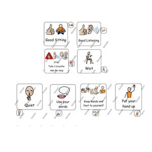 May include: A set of nine illustrated cards with simple instructions for classroom behavior. The cards feature stick figures and text. The cards include instructions such as "Good Sitting", "Good Listening", "Quiet", "Use your words", "Keep hands and feet to yourself", and "Put your hand up".