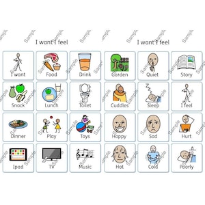 May include: A visual communication board with colorful icons and text. The board is divided into sections with headings like "I want" and "I feel".  Icons represent various needs and feelings, such as food, drink, sleep, and happiness.