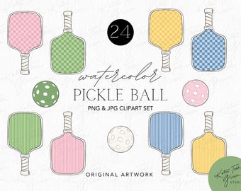 Watercolor Pickleball Clipart Set, Retro Paddle Art (PNG & JPG)