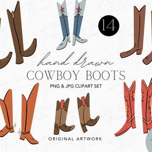 Clipart de botas de vaquero dibujadas a mano, vaquero, impresiones occidentales, botas, arte del salvaje oeste, botas de campo, clipart de vaquero, vaquero ilustrado, moderno