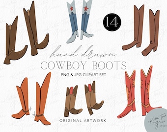 Clipart di stivali da cowboy disegnati a mano, arte western (PNG e JPG)