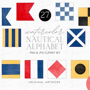 Clipart aquarelle alphabet nautique, art du lac, drapeaux nautiques, vie sur le lac, art nautique, navigation de plaisance, art de l'océan, bord de mer, littoral, décoration d'intérieur
