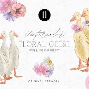 Aquarel ganzen clipart, originele aquarel png. Eend clipart. Paasganzen. Bloemenganzenkunst. Bloemen dieren. Schattige eend met aquareldieren