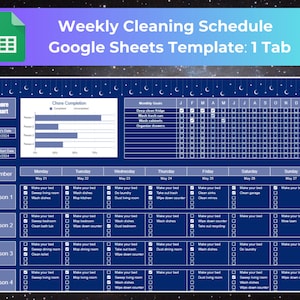 Cleaning Schedule Starry Theme Google Sheets chore chart spreadsheet template for family , roommates, couples