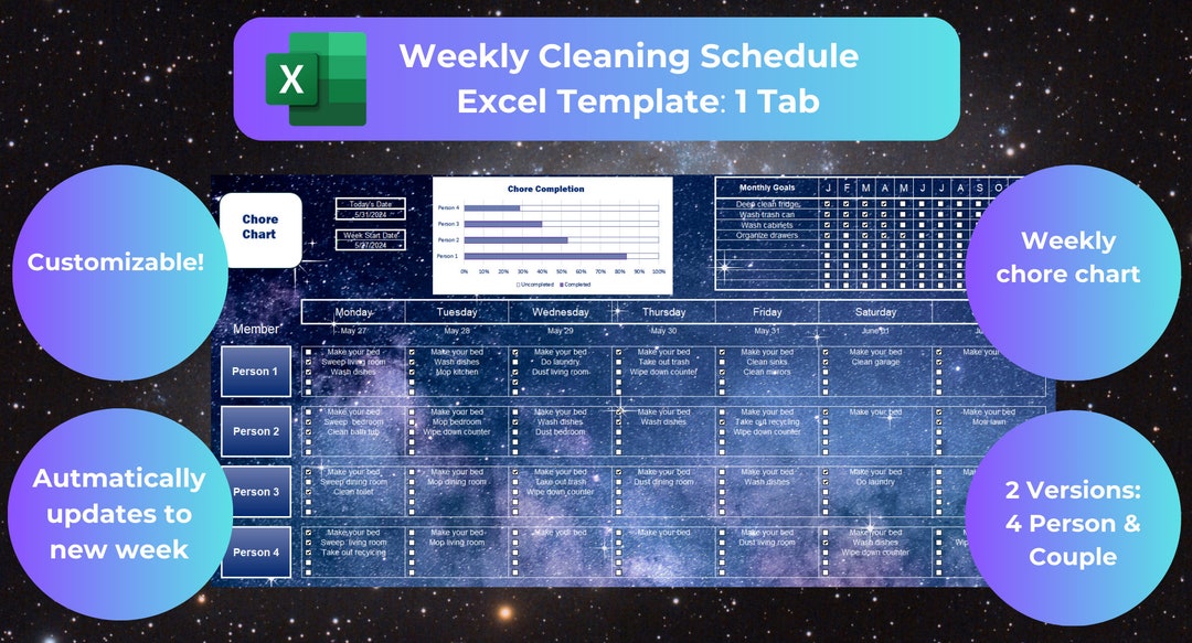 Cleaning Schedule Chore Chart Galaxy Theme Excel Spreadsheet Template ...