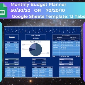 Modelo de planilhas do Google de orçamento mensal 50, 30, 20, 70, 20, 10, planejador de orçamento, planilha estética de galáxia, inclui cartão de bingo Vision Board grátis