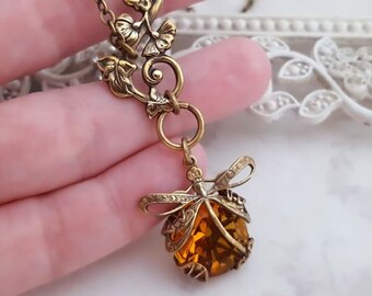 Citrine dragonfly necklace, Art Nouveau lariat necklace, Honey Amber dragonfly jewelry, filigree jewelry bug pendant y necklace