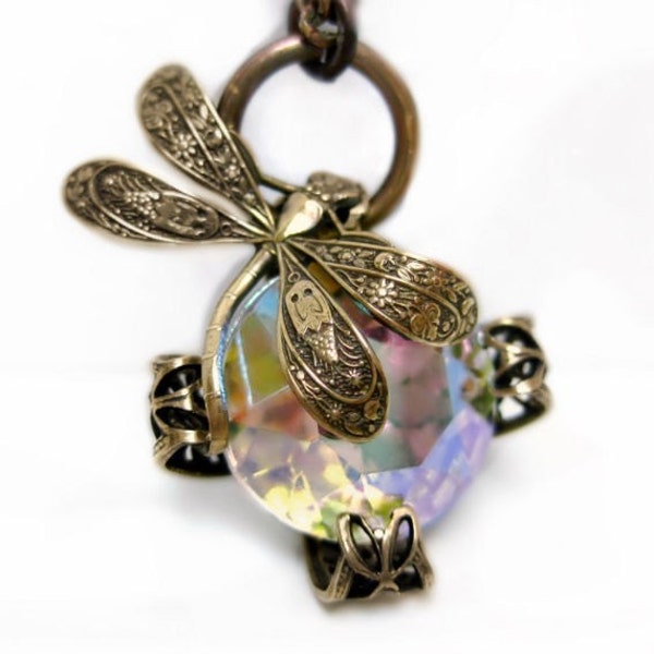 AB dragonfly necklace, Lalique Art Deco inspired dragonfly jewelry