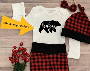 Buffalo Plaid Red & Black Baby Coming Home Outfit {personalized name bodysuit, bear plaid outfit, baby shower gift, first Christmas outfit}