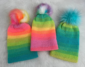 Rainbow Knitted Hat with fur pom {fits kid to adult, tiktok beanie, rainbow winter hat, rainbow ski hat, slouchy winter hat}