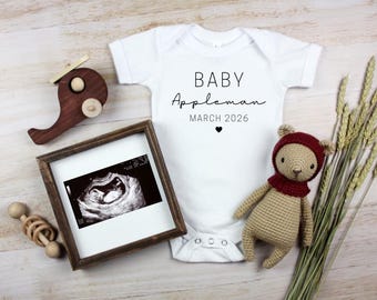 Pregnancy Announcement Baby Bodysuit {due date announcement, Baby Last Name personalized onesie, pregnancy reveal, baby shower gift}