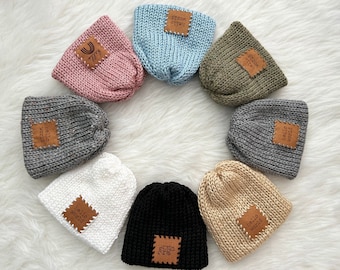 Hello World Newborn Beanie {Knitted baby beanie with leather tag, Rainbow Baby Beanie, Newborn Baby Shower Gift}