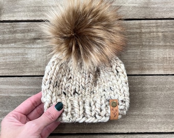 Knitted Hat With Large Pom Pom {Newborn Pom Pom Hat, Chunky Knit Beanie, Winter Coming Home Hat, Neutral Baby Chunky Hat}
