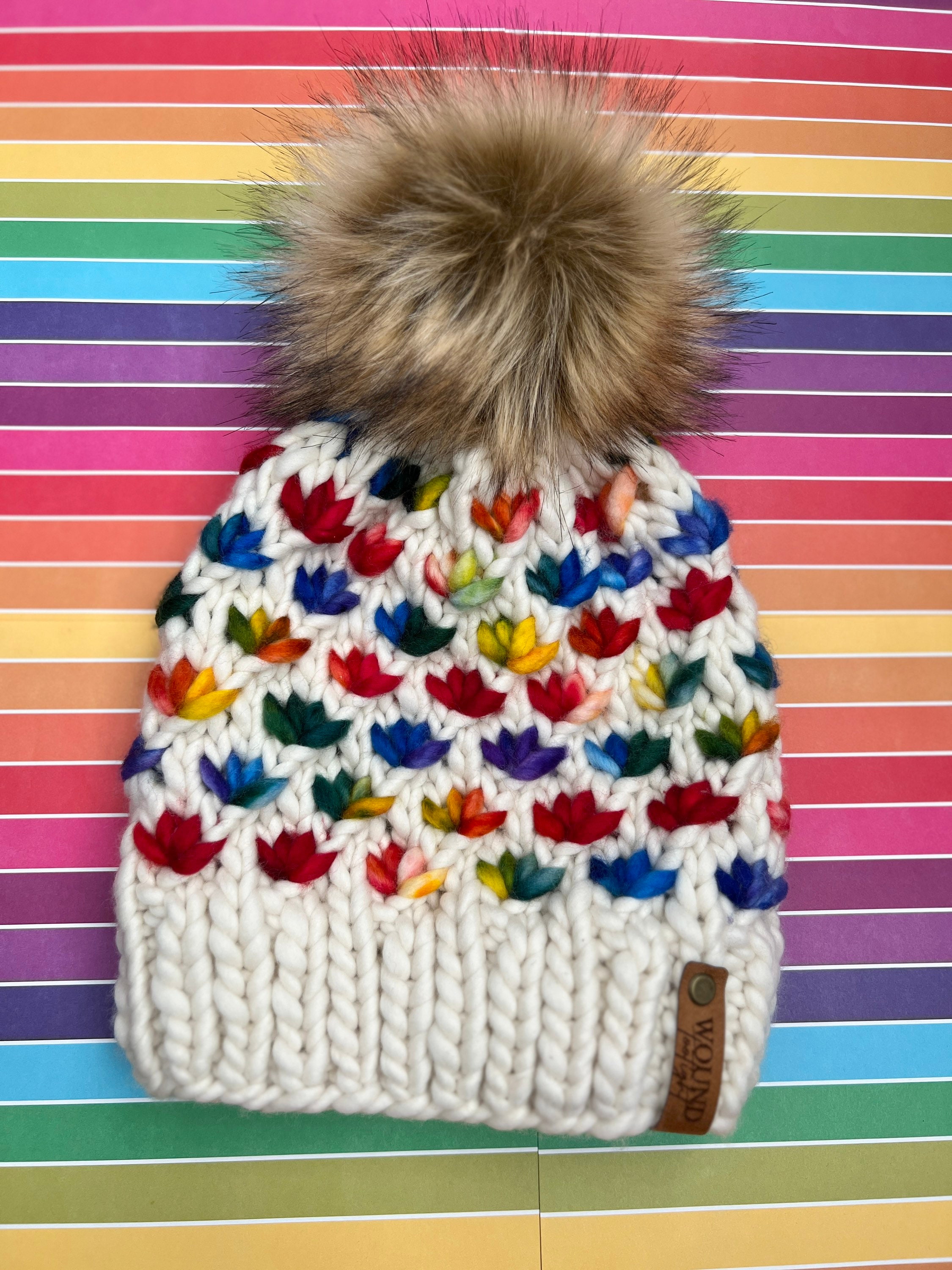 907 Knits Pom Pom Beanie Hat Black Multicolor Rainbow Fresh Tracks Lotus Flower Lotus Flower Beanies – Sarah Irene Knits main image 3