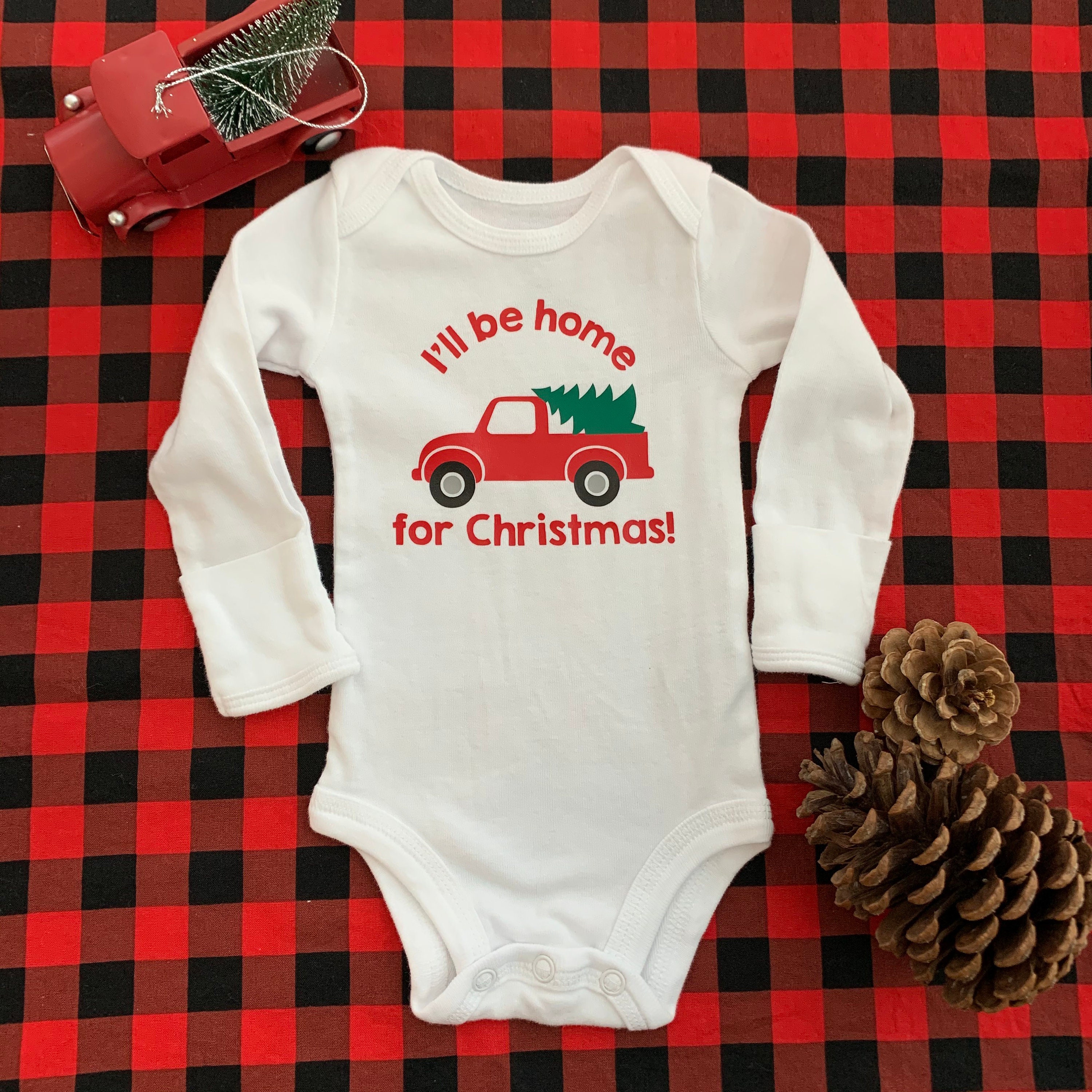 I'll Be Home for Christmas Bodysuit {newborn outfit, christmas tree truck outfit, winter baby outfit}