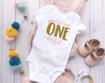 Little Miss ONEderful Bodysuit {first birthday bodysuit, pink and gold, 1st birthday, one with crown}