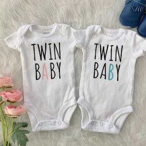 Twin A and B Baby Bodysuits {newborn coming home outfit, unique baby bodysuits, baby shower gift, IVF baby}