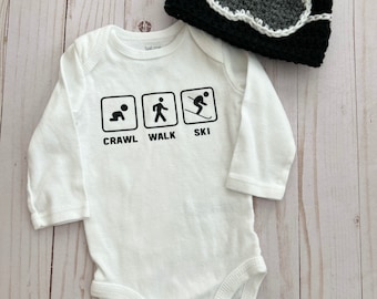 Crawl Walk Ski baby bodysuit {newborn coming home outfit, ski mountain baby outfit, ski goggle hat}