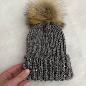 Baby Knitted Hat with fur pom {baby winter hat, grown with me sizing, hand knit baby hat, soft winter hat, baby shower gift}