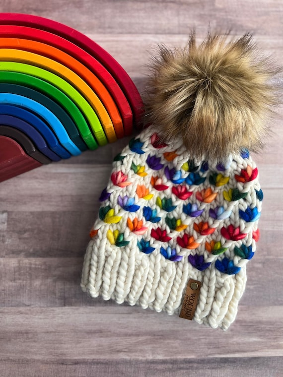 Rainbow Luxury Knit Beanie Hat With Fur Pom Pom {merino Wool  display picture 1