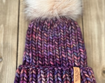 Luxury Knit Beanie Hat with Fur Pom Pom {hand knit merino wool hat with pom, malabrigo rasta arco iris, multi colored women’s hat, dawson}