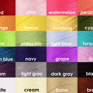 May include: A color chart of yarn skeins in various colors, including red, pink, watermelon, persimmon, orange, lemon, sunshine, cypress, lime, pistachio, light blue, turquoise, ocean blue, navy, grape, lilac, plum, light gray, dark gray, black, white, cream, bone, and brown.